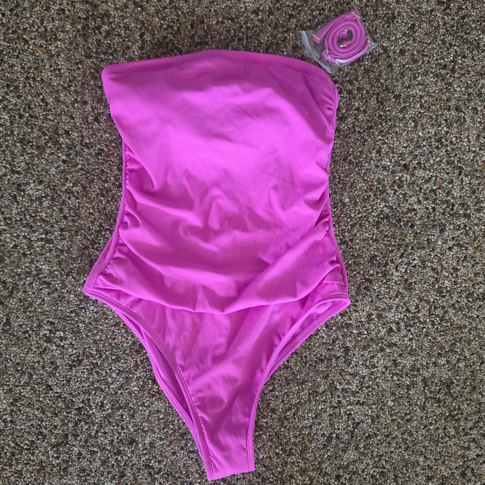 Shade & Shore Women Ribbed High Leg Cheeky Bikini Bottom Magenta Pink M